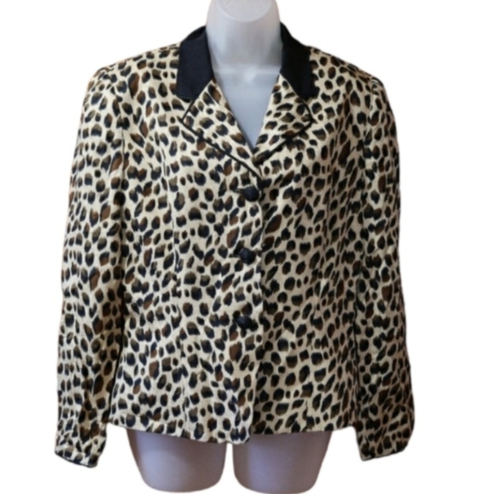 Adrianna Papell Safe Silk Leopard Print Vintage 3 Button Animal Print Blazer 10